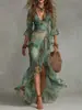 Vestido Longo Estampado com Decote em V Estilo Europeu e Americano para o Verão de 2026, Estilo de Férias, Vestido Floral Irregular Fluido