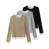 Camiseta de base de dos piezas falsas de color contrastante para mujer, interior cálido de lana suave y ceroso, nuevo estilo Otoño e Invierno 2025, ajuste ceñido, manga larga