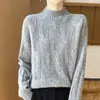 Suéter de tricô premium 100% lã, novo estilo outono/inverno, gola semimédia, modelagem solta, trançado grosso, pulôver para mulheres