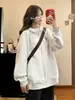 Moletom cardigã feminino jaqueta com zíper modelo novo 2026 oversized solto branco e cinza com capuz para primavera, outono e inverno com forro de fleece e design espessado