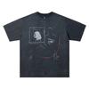 Lavar Velho Design Desbotado Estampa de Rosto Irreal Tendência Americana Camiseta de Manga Curta Top Básico Masculino Solto