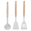 Conjunto de Utensílios de Cozinha de Madeira com Cabo de Silicone para Cozinhar, Espátula de Silicone e Colher Antiaderentes para Cozinha Doméstica