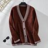 Exportación Transfronteriza Otoño e Invierno 2025 Ropa de Punto para Mujer Europea y Americana Rayada en Contraste Cuello en V Cárdigan de Punto de un Solo Botón para Mujer