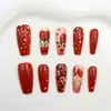 Uñas Postizas Rojas Vino Florales con Estilo Rojo Vintage Largo, 30 Piezas