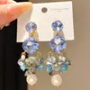 Aretes de aguja plateada con diamantes, borlas cuadradas de resina y perlas, aretes de nicho de alta gama, aretes exagerados de uso rudo europeos y americanos para mujer