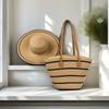 Sombrero de Paja Transfronterizo Bolso de Paja Set de Dos Piezas Sombrero para el Sol Gran Capacidad Bolso Tote Rayado Bolso de Hombro Bolso de Playa Tienda de Fábrica