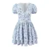 Vestido de Férias Floral Retro Estilo Francês Decote V Slim Fit Manga Bufante, Vestido Elegante de Manga Curta com Ajuste na Cintura para o Verão