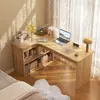 Escritorio de esquina imitación madera maciza con estantería, escritorio de computadora integrado, mesa para dormitorio en casa con gabinete de almacenamiento, banco de trabajo de esquina integrado