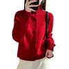 Suéter de lana de siete agujas, grueso, color rojo, de botones, versátil para invierno, corte holgado, amigable con la piel, cálido, cárdigan de cuello alto para mujer, rosa