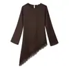 Moda Feminina Transfronteiriça Estilo Europeu e Americano Vestido Longo com Mangas Longas Renda Irregular Patchwork Cetim Slim-Fit Valorizador Design de Nicho