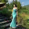Novo Vestido de Alça Longo Estilo Chinês Retrô Primavera-Verão com Estampa de Borboleta, Tecido Malha Tricô Azul, Roxo e Verde