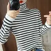 Suéter de otoño transfronterizo, nuevo estilo, bloques de color, rayas, cuello alto enrollado, sencillo, corte ajustado, rejuvenecedor, ropa interior para mujer