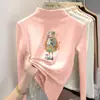 Camiseta interior base de forro polar de doble cara para niñas, nueva camiseta casual versátil con estampado de dibujos animados, camiseta de cuello alto a la moda