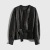 Jaqueta de Linho Estilo Francês para Commuter "Wutongyu Xi" para Mulheres_Gola Redonda Manga Longa Cintura Ajustada Top Curto Outono Novo Estilo
