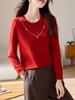 Suéter Morado de Cuello Redondo con Cuentas para Mujer Otoño e Invierno 2024 Nuevo Camiseta Base Tejida Interior Primavera y Otoño Manga Larga Top Corto