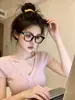 Camiseta Rosa de Tricô com Trançado Vazado e Decote V de Manga Curta Estilo Coreano para Mulheres, Verão, Puro Desejo, Slim Fit, Top Curto Único e Bonito