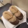 Couro Genuíno Pelo de Coelho Solado Grosso Sapatos Peludos Femininos Com Veludo Quente Slip-on Birkenstock Chinelos de Algodão Mules Mary Janes