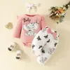 Macacão de bebê europeu e americano de letras com manga comprida e formato triangular, calça com laço, top para primavera e outono, calça de borboleta e elefante