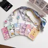 Cordón retráctil a rayas de Sanrio para teléfono, correa para el cuello, accesorios con tarjetero rígido, tarjeta de transporte estudiantil, identificación de trabajo, funda rígida de ajuste a presión