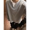 Camiseta Gris de Dos Piezas Falsas de Manga Larga para Hombre Otoño Estilo Americano Retro Sudadera con Capucha de Cuello Redondo Camiseta Básica Holgada de Cuello en V