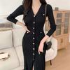 2026 Nuevos Modelos de Comercio Exterior en Stock Chic Coreano Invierno Nuevo Estilo Elegante Cuello en V Delgado Vestido Largo de Moda Bodycon Base
