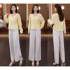 Conjunto de Verano para Mujer Estilo Chino Nuevo Hecho a Medida: Camisa Elegante y de Moda de Manga Larga con Cuello en V y Pantalones de Pierna Ancha
