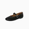 Sapatos Mary Jane de Pele de Ovelha Lavada Sapatos Rasos Femininos Outono Novo Estilo Couro Genuíno por Dentro e por Fora Bico Redondo Tira Única Boca Rasa Mocassins 40