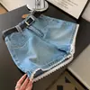 Shorts de Mezclilla con Adorno de Encaje Tallas Grandes para Mujer, Nuevo Estilo de Verano, Cintura Alta, Pierna Ancha de Corte A Adelgazante, Hot Pants para Figuras Curvilíneas