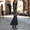 Vestido de punto estilo europeo y americano, de cuello alto, manga larga, estilo cola de pez, corte ajustado, elástico, bodycon, falda larga elegante