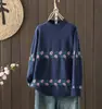 Suéter Bordado Vintage de Gola Alta Parcial para Mulheres, Novo Top de Tricô Color Block Floral Soltinho Emagrecedor para Outono e Inverno