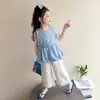 Conjunto de Niña 2026 Nuevo Estilo Moda Coreana Infantil Elegante Falda a Cuadros Azules Conjunto de Dos Piezas Traje de Verano para Niños Pequeños