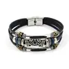 Pulseira de Couro Vintage Esculpida em Camadas Estilo Boêmio Masculina Liga Metálica com Contas Fecho de Aço Inoxidável Pulseira de Couro Joia