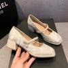 Zapatos Mary Jane Casuales de Moda para Mujer, Estilo Retro de Verano, Estilo Nacional, Perla, Punta Cuadrada de Una Sola Tira, Jacquard, Tacón Grueso