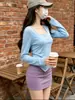 Camiseta base de otoño e invierno para mujer, sexy ajustada, top interior de chica hot pura deseo, cuello cuadrado irregular, hombro normal, camiseta de manga larga