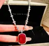 Exquisito Collar de Corindón Rojo Diamantado de Alto Carbono con Colgante de Diamante Corte Princesa, Conjunto Transfronterizo Europeo y Americano, Anillo y Pendientes de Alta Gama