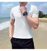 Camiseta Masculina Gola Polo Manga Curta Slim Fit Respirável Fina Malha Canelada Cor Sólida Versátil Listrada