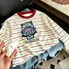 Camiseta de manga larga a rayas de retazos de algodón puro para niños, nuevo estilo primavera y otoño, camiseta básica elegante y holgada para niños