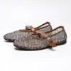 Sapatos Flats Mary Jane Cruzados Africanos Plus Size 35-43 Malha Estampa de Leopardo Tira Única Bico Redondo Versátil Respirável