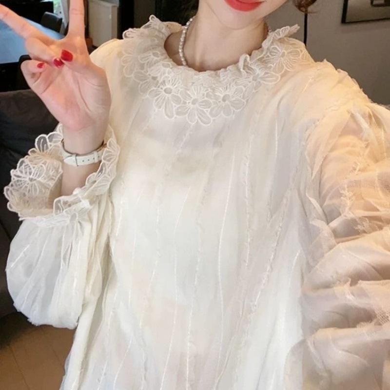 秋季新款法式甜美气质白色双层花朵领口长袖衬衫减龄温柔上衣_4