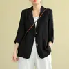 Blazer feminino simples e estiloso de manga comprida Dongdaemun coreano, jaqueta curta casual de algodão e linho para outono e inverno