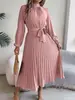 Amazon Transfronterizo Primavera y Otoño Nueva Ropa de Mujer Color Sólido Cuello Alto Manga Larga Cintura Plisada Ceñidor Elegante Vestido