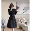 Vestido con Patchwork de Terciopelo Negro y Lazo para Mujer, Nueva Moda Primavera y Otoño, Elegante y con Estilo, Ceñido a la Cintura, Vestido Midi Línea A Adelgazante