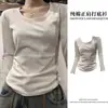 Camiseta de Algodón con Hombro Derecho, Cuello en V Americano, Manga Larga para Mujer en Otoño e Invierno, Nuevo Diseño, Top Versátil para Base