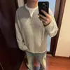 Camiseta Masculina Cinza Falsa de Duas Peças com Manga Longa Outono Retrô Americano Gola Redonda Blusão com Capuz Solto Gola V Camiseta Básica Top
