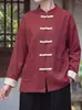 Camisa casual com gola alta, camisa masculina estilo terno Tang de manga comprida com botões de nó chinês, adequada para primavera e outono, design retrô estilo chinês, tamanho grande, estilo casal