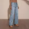 Calça Jeans Feminina Europeia e Americana Transfronteiriça Primavera 2025 Cintura Alta Modelagem Slim Wide-Leg Estilo Vintage Reta com Efeito Desgastado