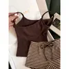 Pijama camisola cor café Melard para mulheres, estilo verão com bojos, shorts listrados, corte justo, pode ser usado fora de casa, conjunto para casa