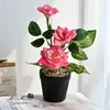 Mini-bonsái de flor de rosa de tres cabezas para decoración de interiores del hogar, planta verde artificial de simulación creativa, accesorio de fotografía, adorno de mesa para sala de estar