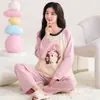 Pijama de algodón para mujer de primavera y otoño, manga larga y pantalón largo, cuello redondo, dulce y lindo, se puede usar fuera de casa, conjunto de ropa para el hogar para mujer