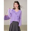 Suéter de punto suave estilo francés casual con flores tridimensionales para mujer, perezoso y dulce, rejuvenecedor, suéter rosa, morado
